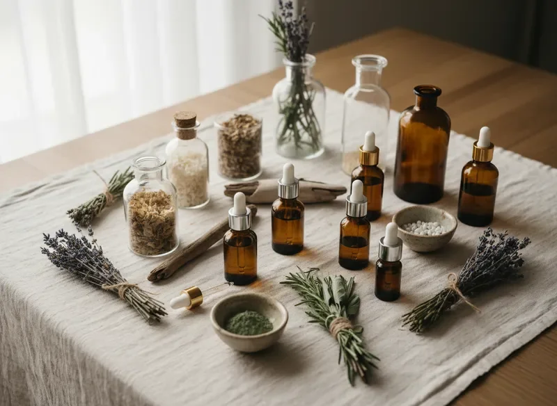 Glass apothecary vessels and dried herb bundles on linen cloth