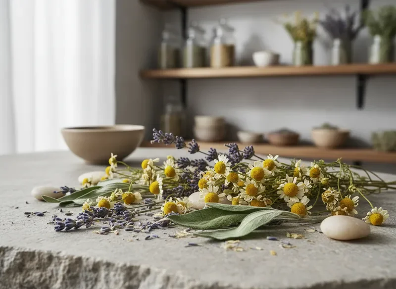 Dried botanical flowers and herbs on stone surface