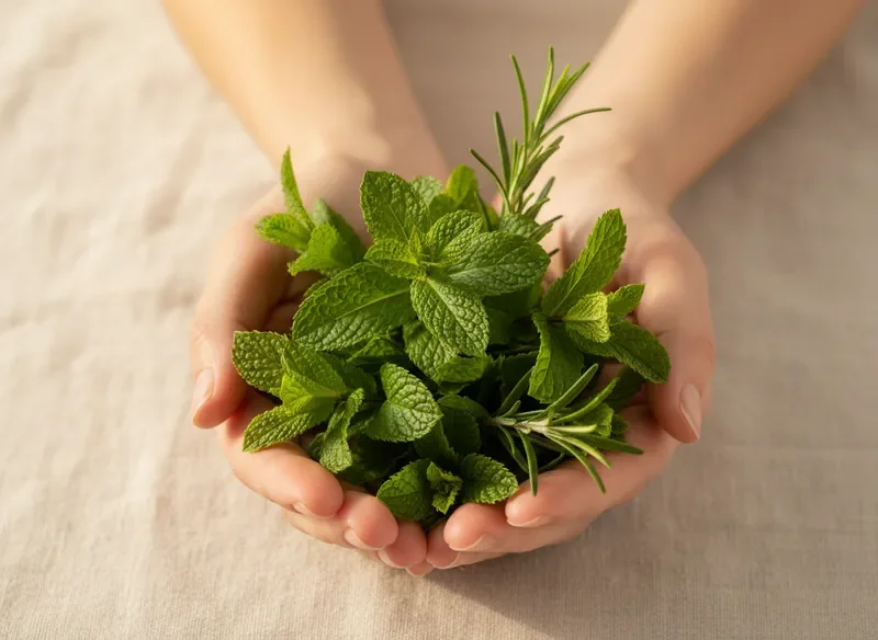 Hands holding fresh green herb bundle on linen background