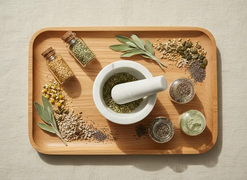 Wooden tray with mortar and pestle, dried herbs and glass jars