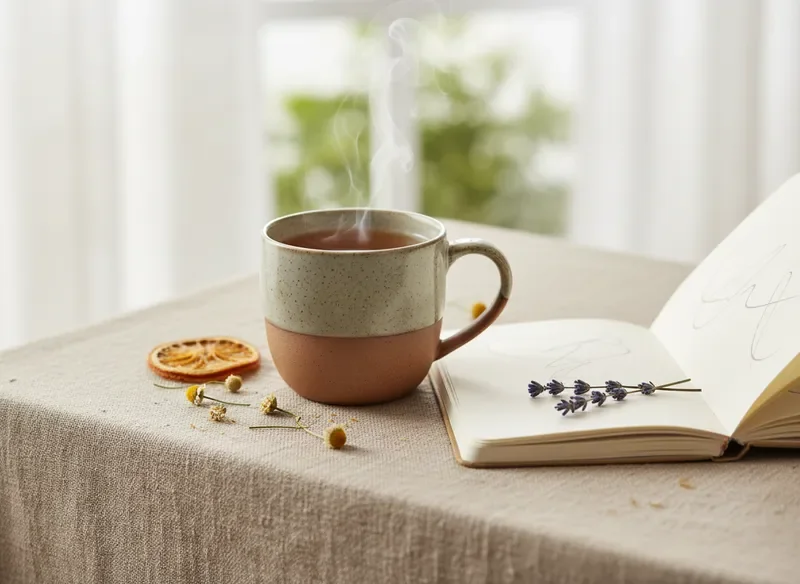 Herbal tea mug with dried lavender and notebook on linen