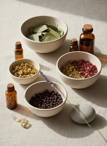 Natural remedies and botanical ingredients arranged in a serene still-life composition for Valesų gerovė