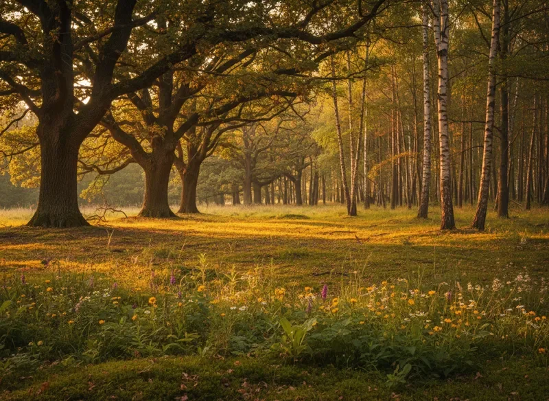 Lithuanian forest with wild medicinal herbs growing naturally