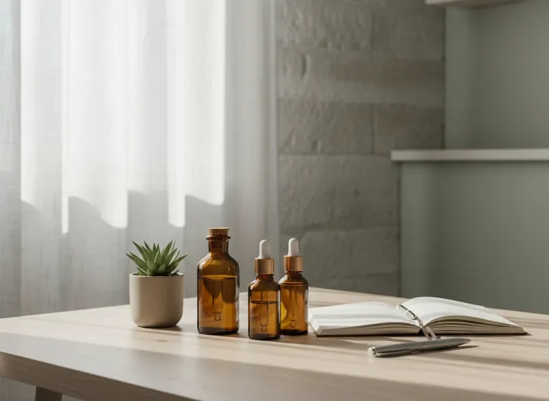 Calm and trustworthy natural wellness space with supplements and botanicals