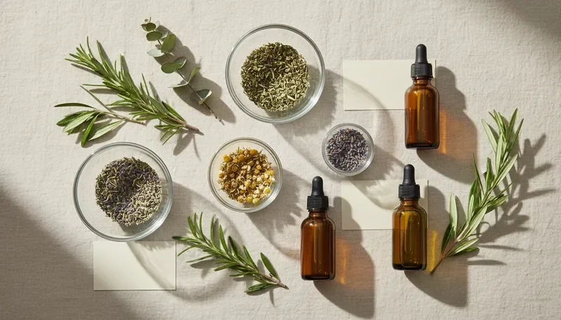Curated natural remedies and botanical ingredients arranged on a linen surface for Valesų gerovė wellness approach